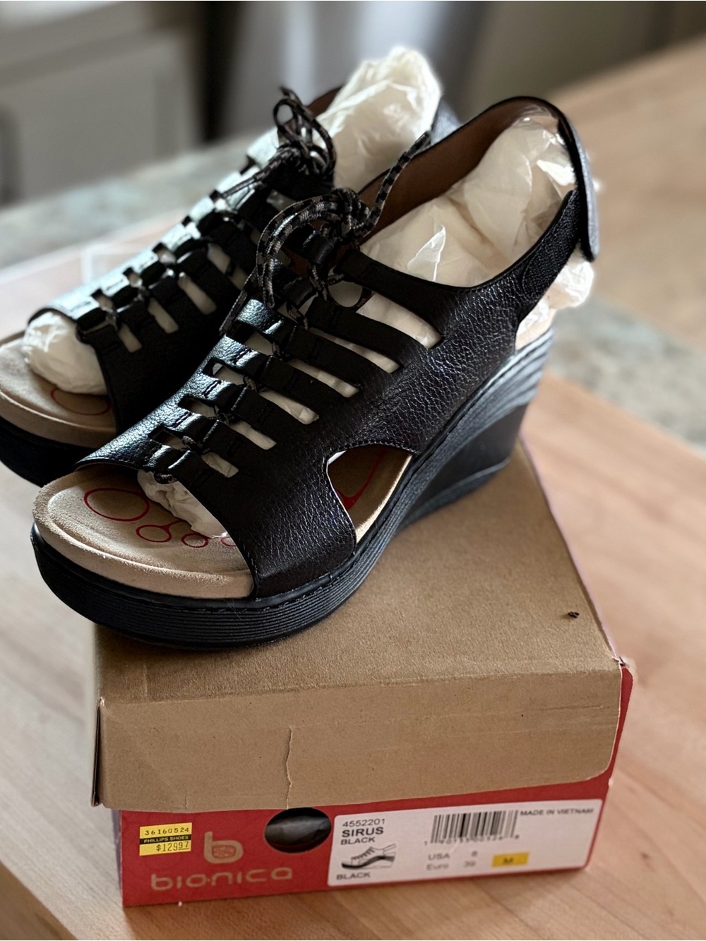 Bionica Black Lace-Up Wedge Sandals